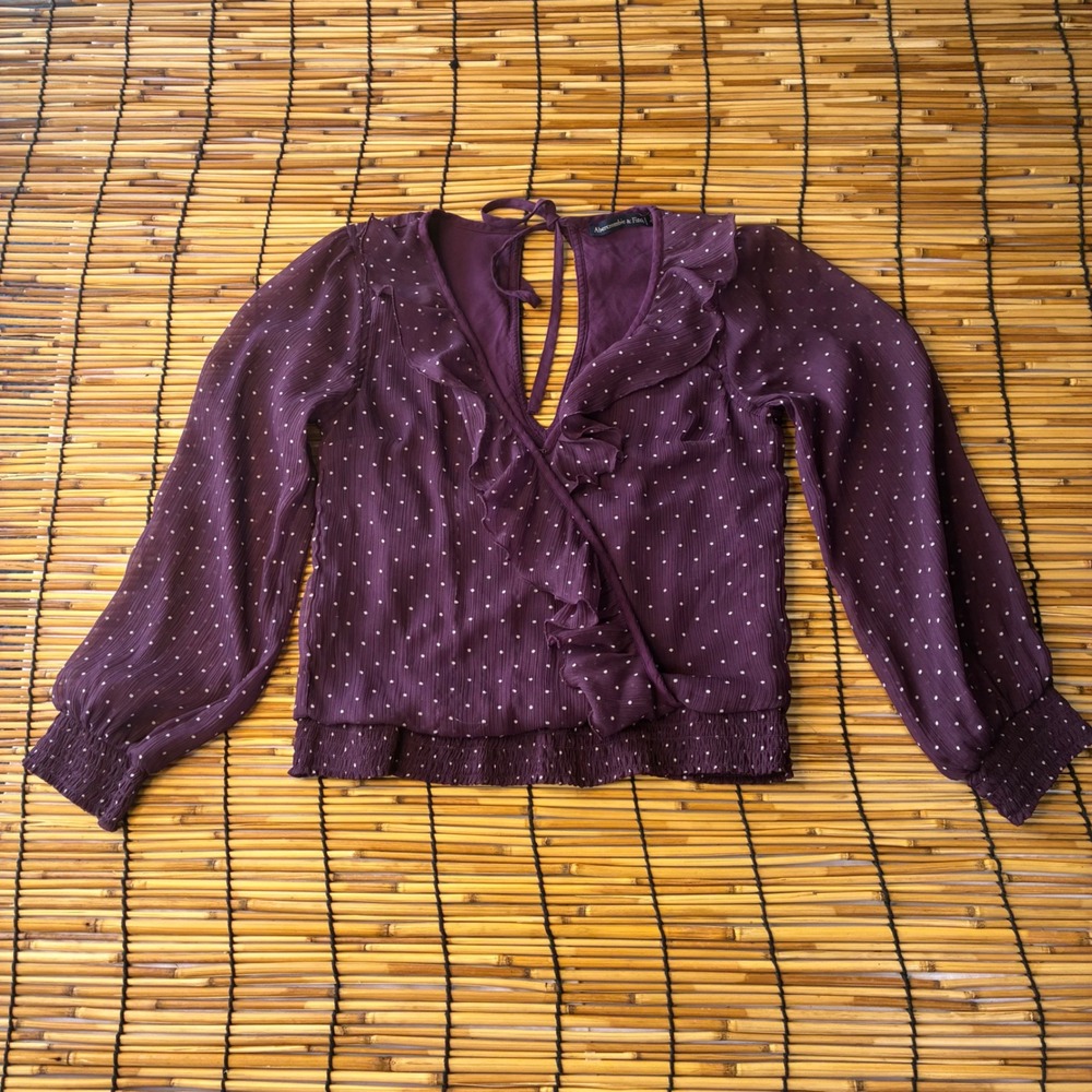 Abercrombie & Fitch Plum Polka Dot Ruffle Wrap Blouse Smocked Purple XS
